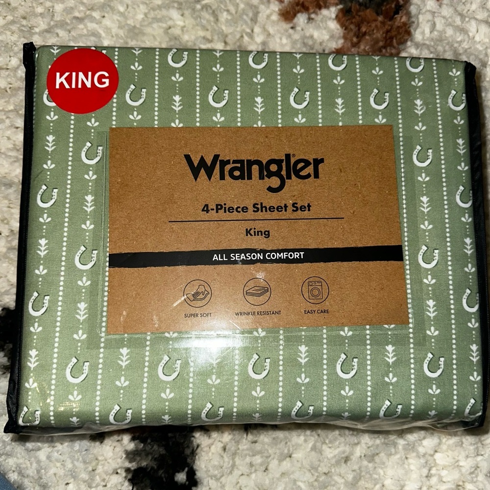 Wrangler Olive Horseshoe 4-Piece Sheet Set Sz KING  STABLES STRIPE GREEN